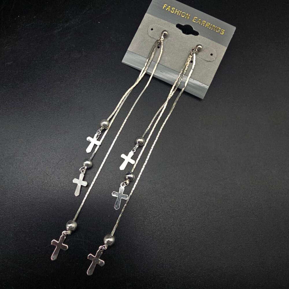Silver Tone Cross Charm Earrings LONG Dangling Vintage 1980s 1990s NOS On Card